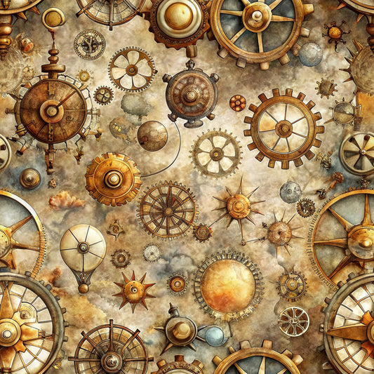steampunk, gears, cogs, mechanical parts, vintage maps, brass, copper, bronze, sepia tones, golden brown, antiqued, weathered, industrial, clockwork, compass rose, nautical instruments, quilting cotton, fabric panel, victorian era, machinery motifs