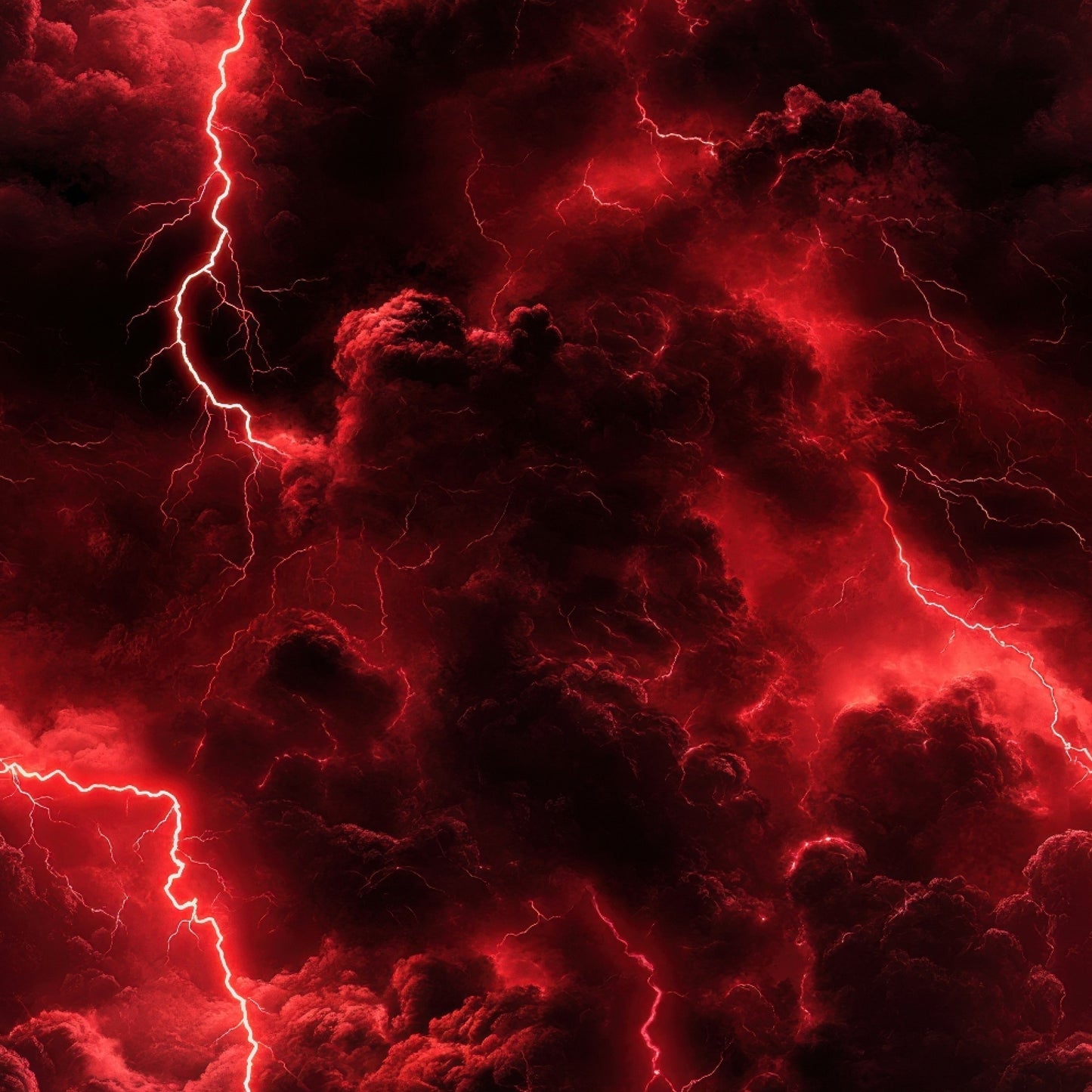 red, crimson, scarlet, lightning bolts, thunderstorm, storm clouds, dramatic sky, electric patterns, weather pattern, quilting cotton, fabric panel, atmospheric, intense mood, stormy scene, electrical discharge, dark clouds, meteorological theme, nature elements, tempest design, dramatic lighting