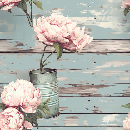 pink peonies, sage green, dusty blue, weathered wood, rustic tin can, farmhouse style, floral arrangement, cottage core, vintage aesthetic, quilting cotton, fabric panel, shabby chic, botanical illustration, soft pastels, distressed finish, country flowers, garden blooms, rustic vase, painted wood planks, spring florals