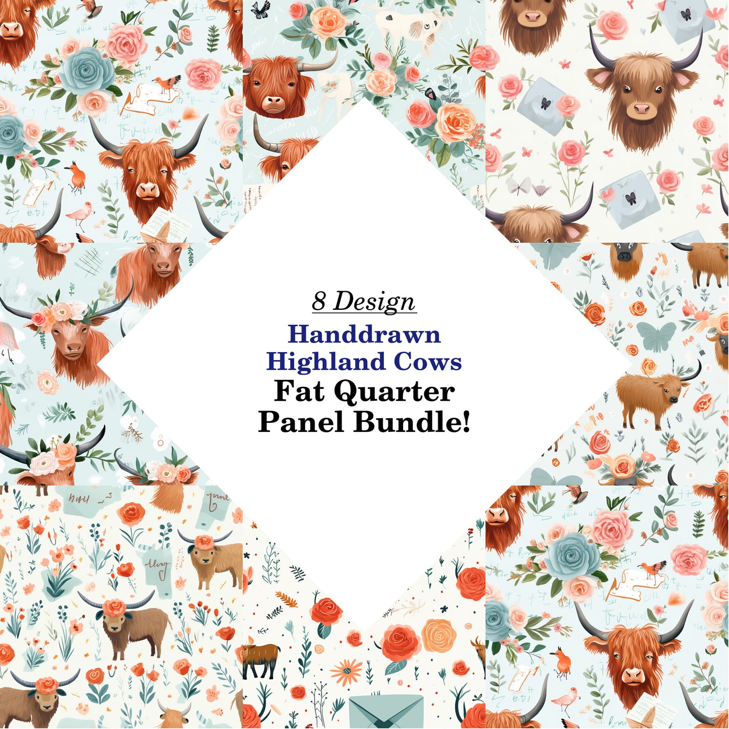 Handdrawn Highland Cows Fat Quarter Bundle