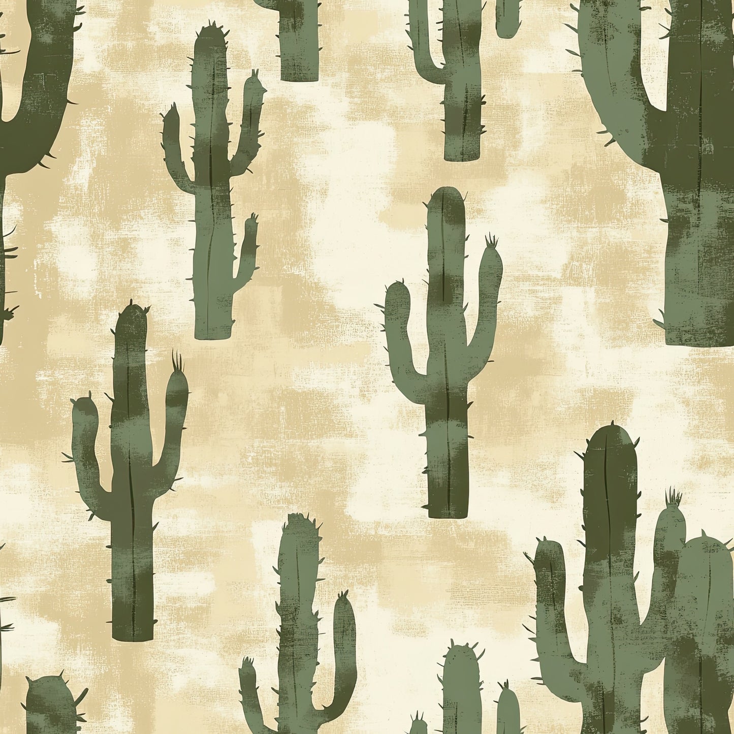 sage green, beige, cream, cactus pattern, saguaro cactus, desert plants, southwestern style, western theme, botanical motifs, quilting cotton, fabric panel, distressed texture, vintage wash, earthy tones, desert landscape, spiky plants, repeating pattern, rustic style, natural colors, muted palette