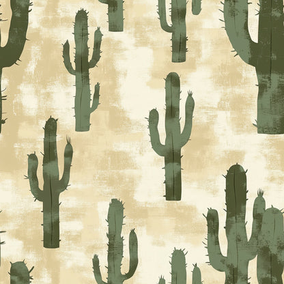 sage green, beige, cream, cactus pattern, saguaro cactus, desert plants, southwestern style, western theme, botanical motifs, quilting cotton, fabric panel, distressed texture, vintage wash, earthy tones, desert landscape, spiky plants, repeating pattern, rustic style, natural colors, muted palette
