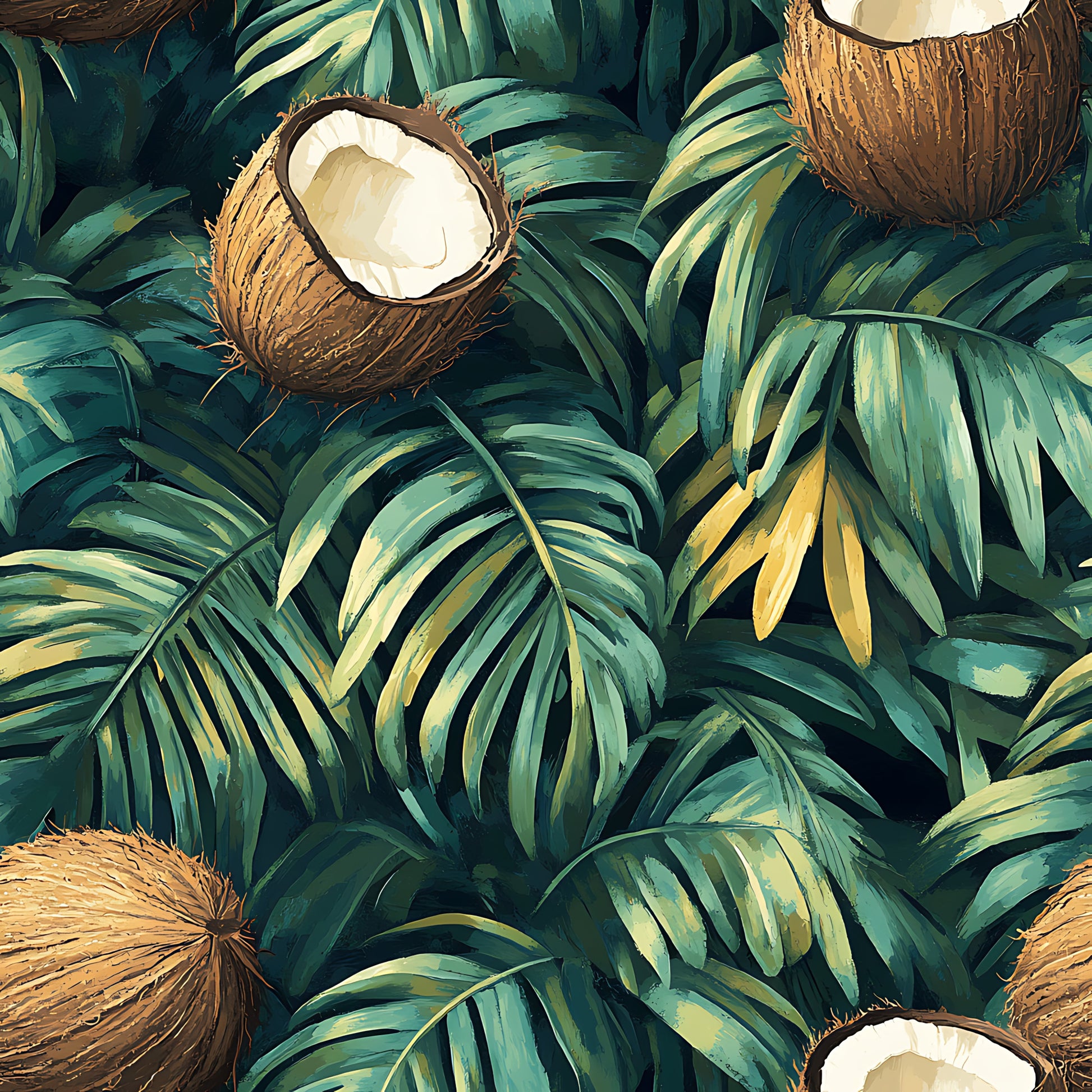 forest green, emerald green, golden yellow, cream white, brown, coconuts, tropical leaves, palm fronds, jungle pattern, botanical design, tropical paradise, lush foliage, exotic fruits, quilting cotton, fabric panel, tropical theme, summer vibes, nature motif, hawaiian style, resort pattern