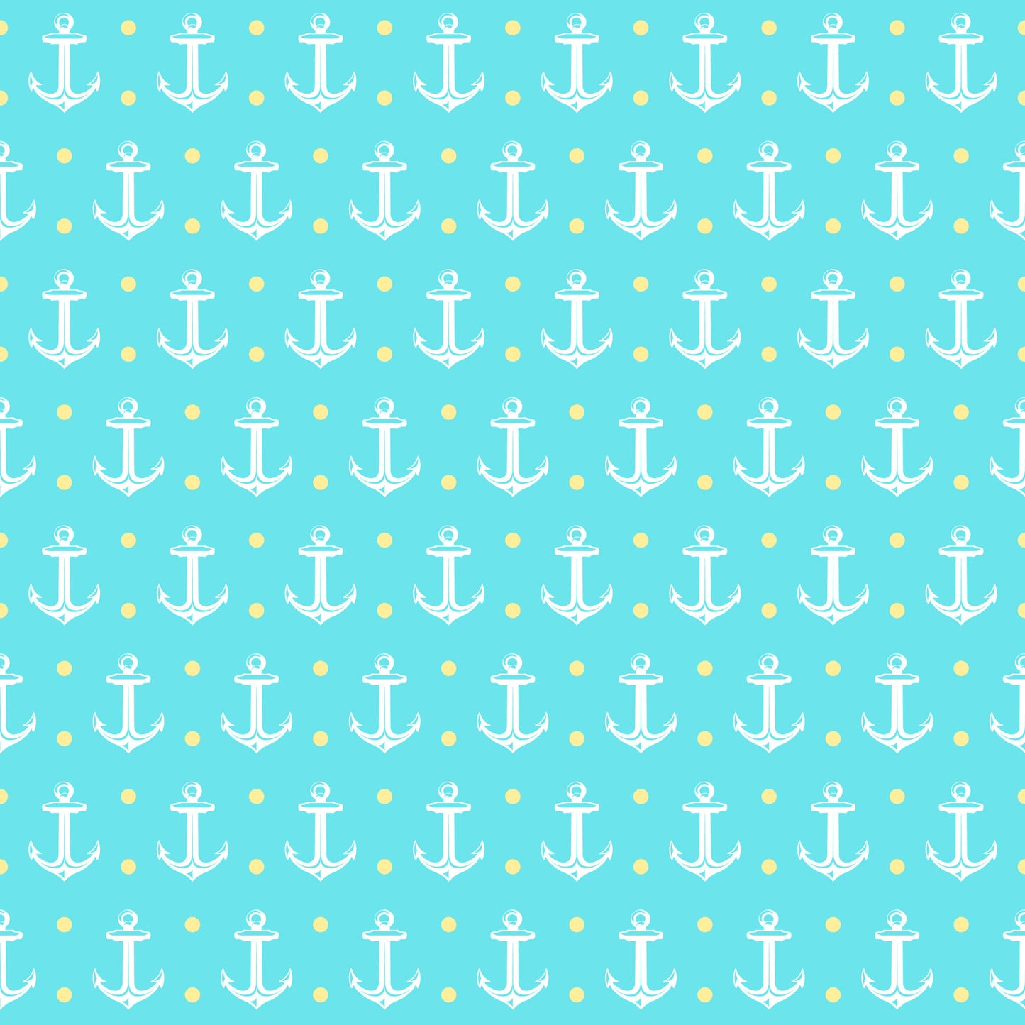 - Summer Beach Pattern 7 Quilting Cotton Fabric  
- nautical theme  
- white anchors  
- light blue background  
- yellow dots  
- cotton material  
- quilting fabric  
- seaside motif  
- summer style  
- marine design