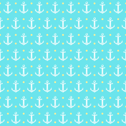 - Summer Beach Pattern 7 Quilting Cotton Fabric  
- nautical theme  
- white anchors  
- light blue background  
- yellow dots  
- cotton material  
- quilting fabric  
- seaside motif  
- summer style  
- marine design