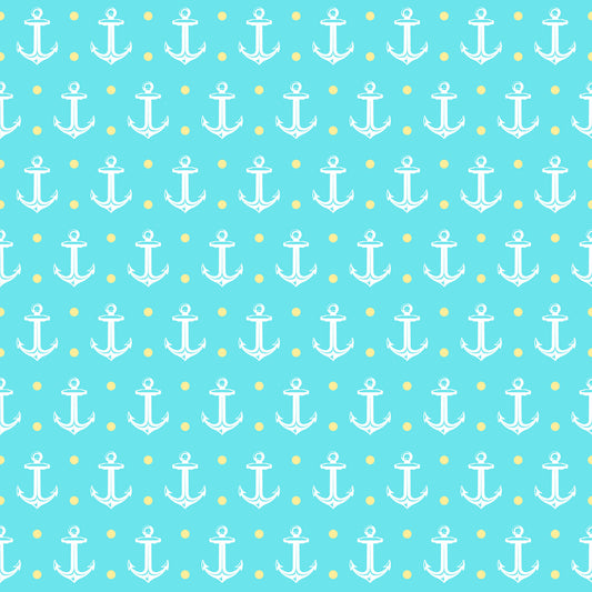 - Summer Beach Pattern 7 Quilting Cotton Fabric  
- nautical theme  
- white anchors  
- light blue background  
- yellow dots  
- cotton material  
- quilting fabric  
- seaside motif  
- summer style  
- marine design
