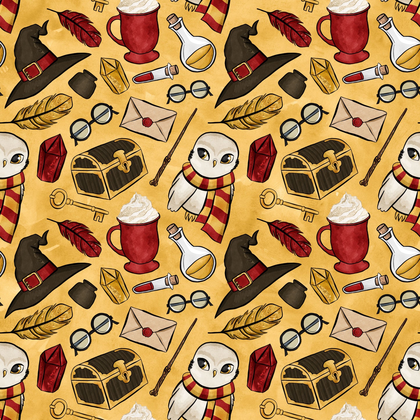 wizard, magical, owl, potions, witch hat, spell book, feathers, trunk, wand, keys, letters, glasses, red scarf, golden yellow, burgundy, black, white, whimsical pattern, repeating motifs, quilting cotton, fabric panel, fantasy theme, school supplies, magical accessories, butterbeer mug