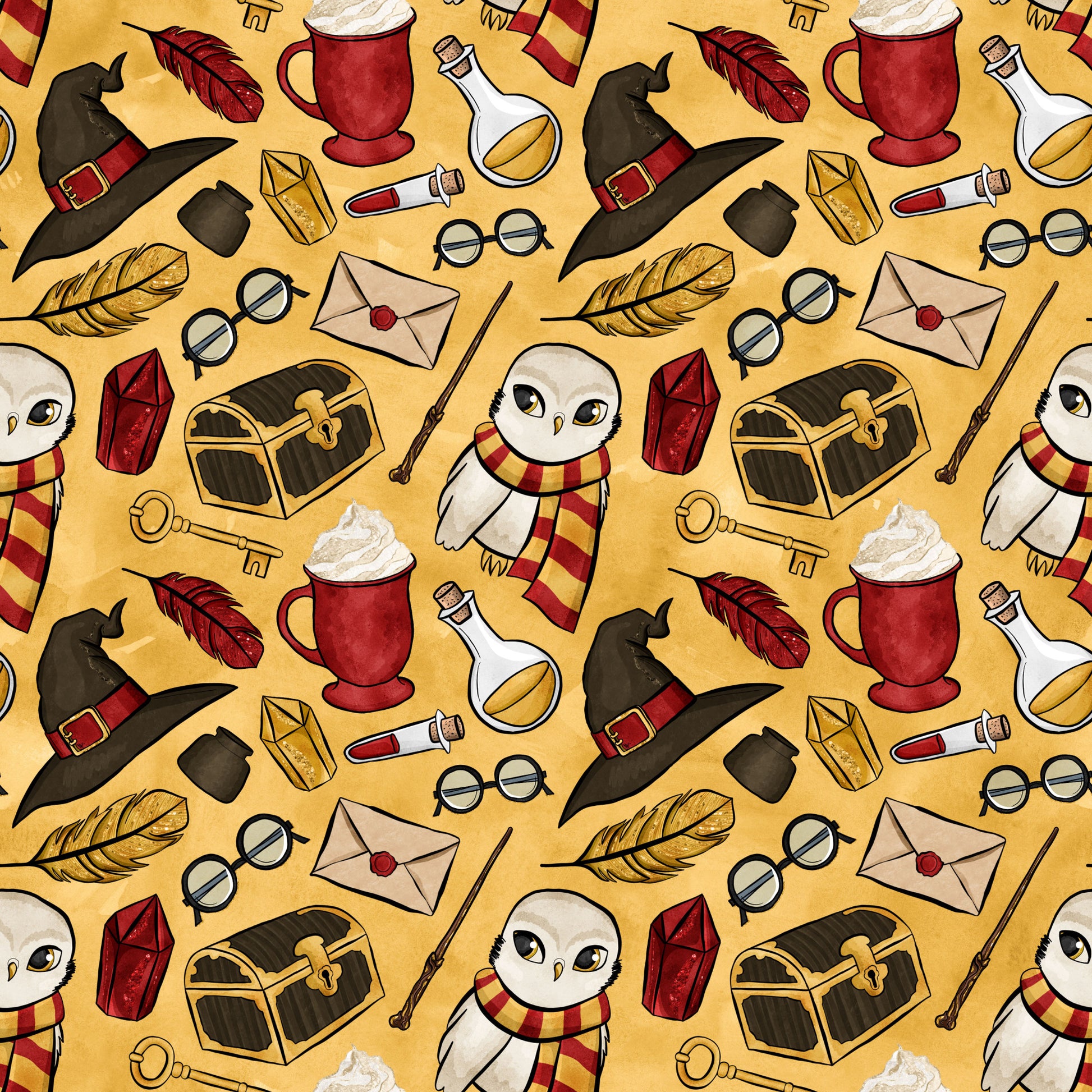 wizard, magical, owl, potions, witch hat, spell book, feathers, trunk, wand, keys, letters, glasses, red scarf, golden yellow, burgundy, black, white, whimsical pattern, repeating motifs, quilting cotton, fabric panel, fantasy theme, school supplies, magical accessories, butterbeer mug