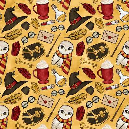 wizard, magical, owl, potions, witch hat, spell book, feathers, trunk, wand, keys, letters, glasses, red scarf, golden yellow, burgundy, black, white, whimsical pattern, repeating motifs, quilting cotton, fabric panel, fantasy theme, school supplies, magical accessories, butterbeer mug