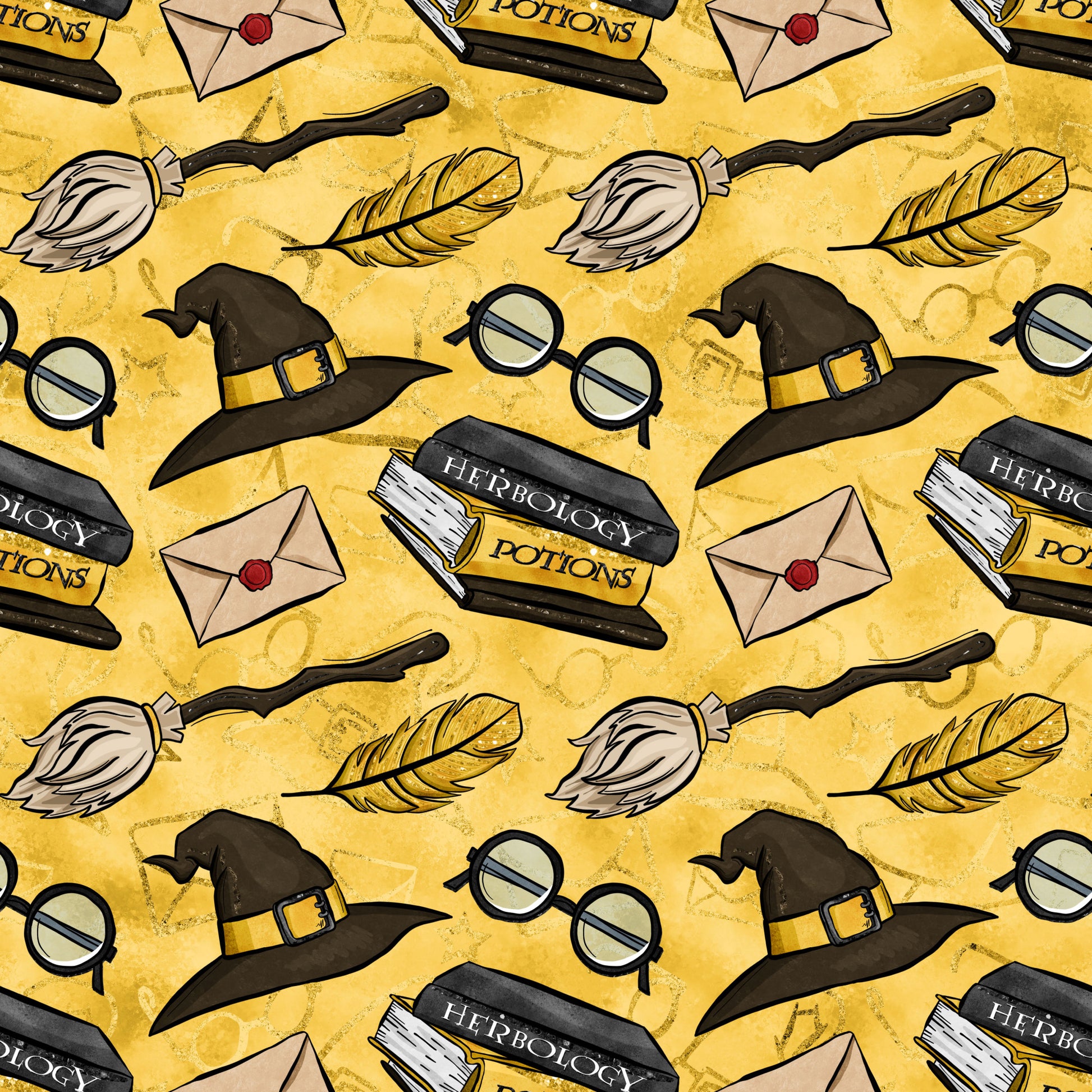 yellow background, golden yellow, witch hat, round glasses, broomstick, feather quill, herbology potions, envelope letter, magical elements, wizard theme, repeating pattern, quilting cotton, fabric panel, school supplies, potion bottles, vintage style, whimsical design, fantasy motifs, craft fabric, sewing material