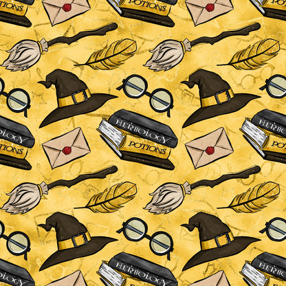 yellow background, golden yellow, witch hat, round glasses, broomstick, feather quill, herbology potions, envelope letter, magical elements, wizard theme, repeating pattern, quilting cotton, fabric panel, school supplies, potion bottles, vintage style, whimsical design, fantasy motifs, craft fabric, sewing material