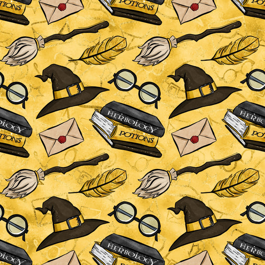 yellow background, golden yellow, witch hat, round glasses, broomstick, feather quill, herbology potions, envelope letter, magical elements, wizard theme, repeating pattern, quilting cotton, fabric panel, school supplies, potion bottles, vintage style, whimsical design, fantasy motifs, craft fabric, sewing material