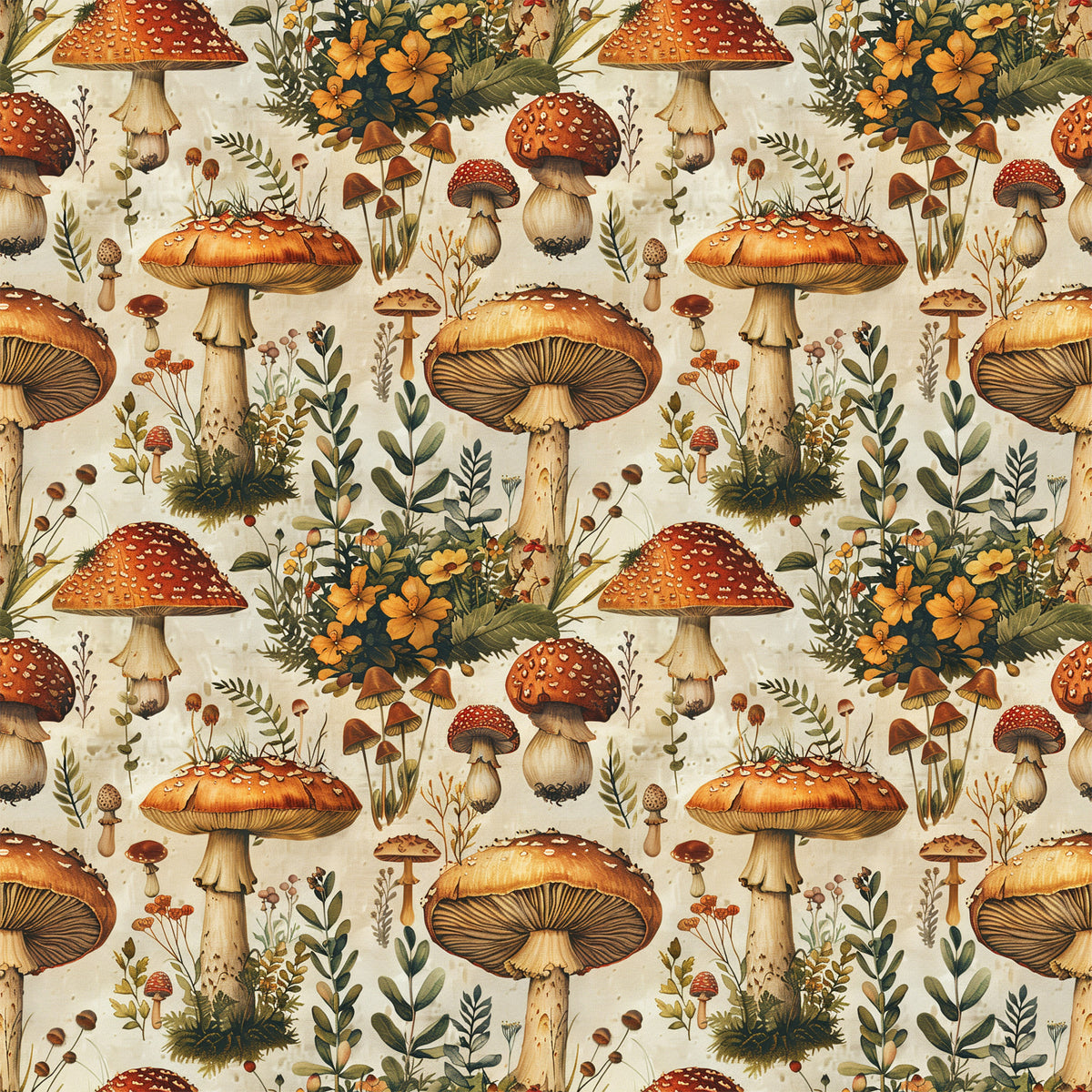 retro mushrooms, botanical pattern, quilting cotton, fabric panel, autumn colors, orange mushrooms, red toadstools, spotted caps, wildflowers, forest fungi, earthy tones, cream background, vintage illustration, nature motif, woodland theme, repetitive design, detailed artwork, fall palette, botanical study, mushroom varieties