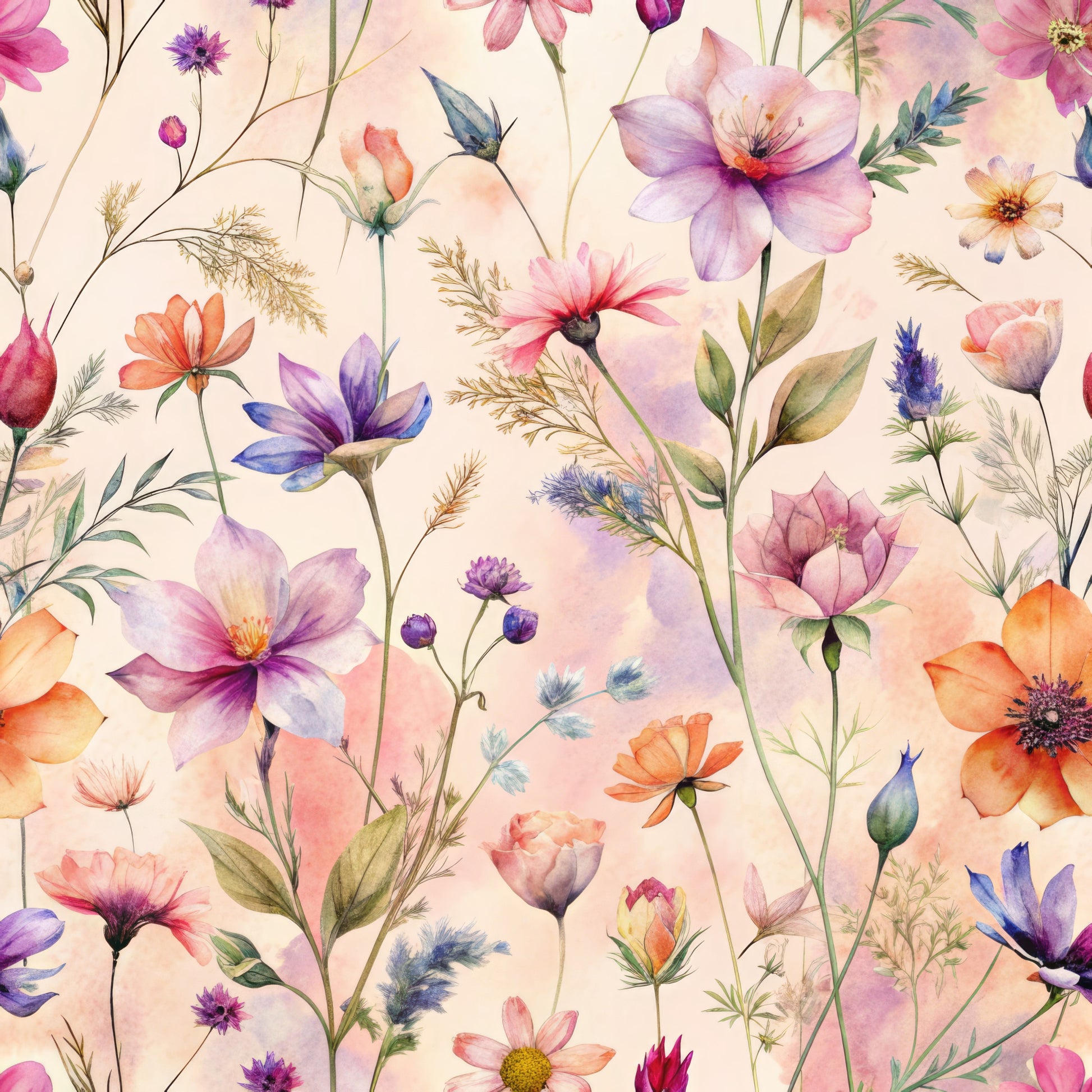 watercolor wildflowers, pastel florals, pink blooms, purple flowers, orange blossoms, botanical pattern, meadow flowers, delicate petals, whimsical design, quilting cotton, fabric panel, soft pastels, nature motifs, scattered blooms, ethereal mood, romantic florals, garden flowers, feminine palette, dreamy watercolors