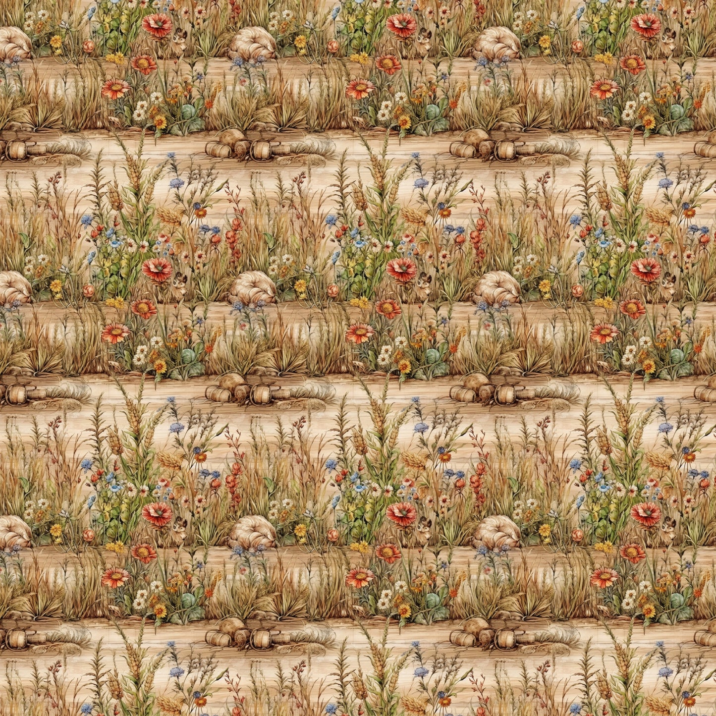 beige, tan, brown, sage green, coral red, blue accents, yellow flowers, wildflowers, meadow grass, wheat stalks, pumpkins, gourds, harvest scene, autumn elements, botanical motif, country garden, repeating pattern, quilting cotton, fabric panel, natural tones, rustic style, farmhouse aesthetic