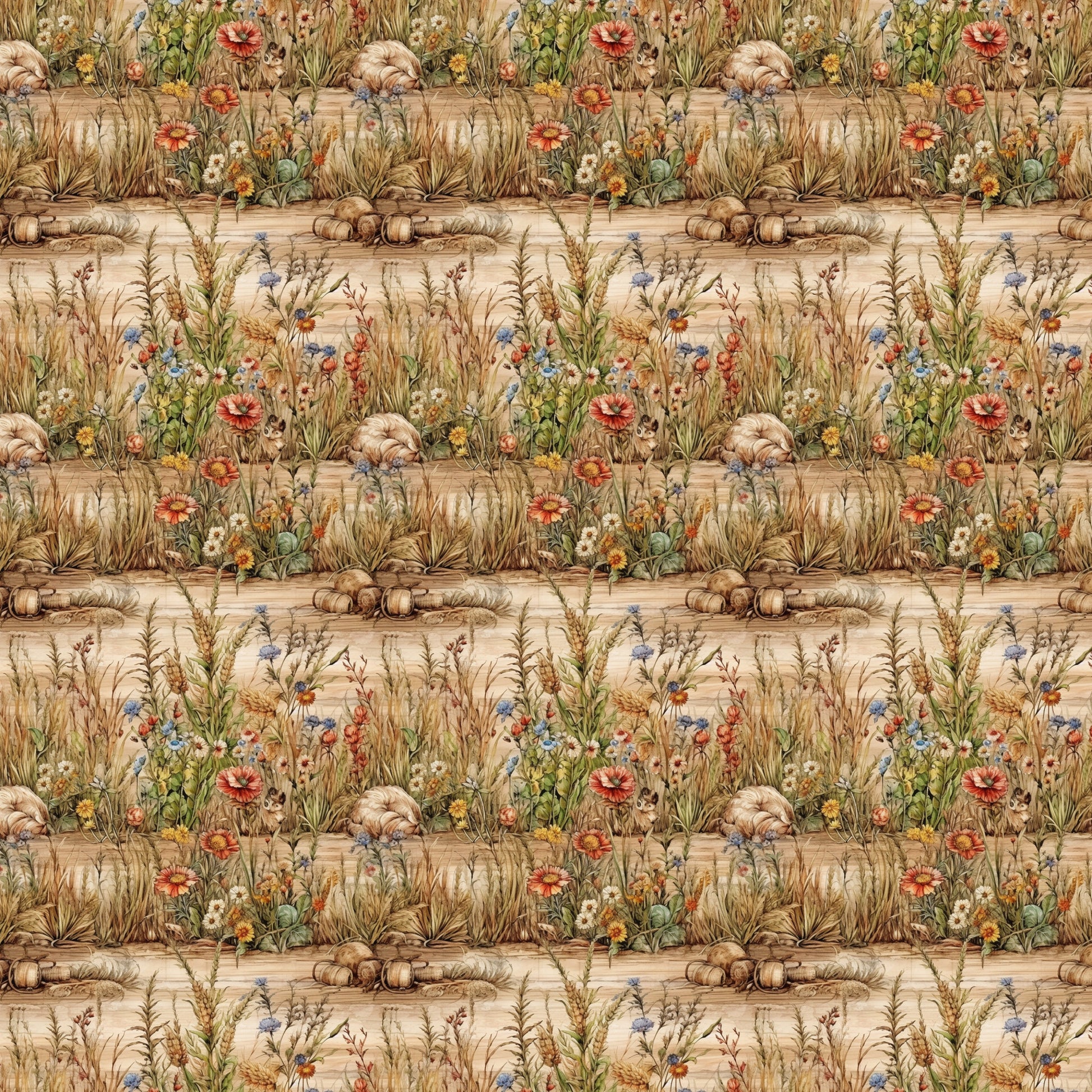 beige, tan, brown, sage green, coral red, blue accents, yellow flowers, wildflowers, meadow grass, wheat stalks, pumpkins, gourds, harvest scene, autumn elements, botanical motif, country garden, repeating pattern, quilting cotton, fabric panel, natural tones, rustic style, farmhouse aesthetic