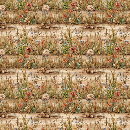 beige, tan, brown, sage green, coral red, blue accents, yellow flowers, wildflowers, meadow grass, wheat stalks, pumpkins, gourds, harvest scene, autumn elements, botanical motif, country garden, repeating pattern, quilting cotton, fabric panel, natural tones, rustic style, farmhouse aesthetic