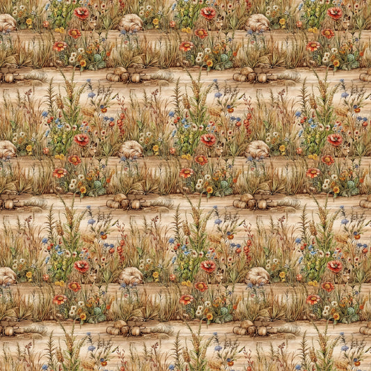 beige, tan, brown, sage green, coral red, blue accents, yellow flowers, wildflowers, meadow grass, wheat stalks, pumpkins, gourds, harvest scene, autumn elements, botanical motif, country garden, repeating pattern, quilting cotton, fabric panel, natural tones, rustic style, farmhouse aesthetic
