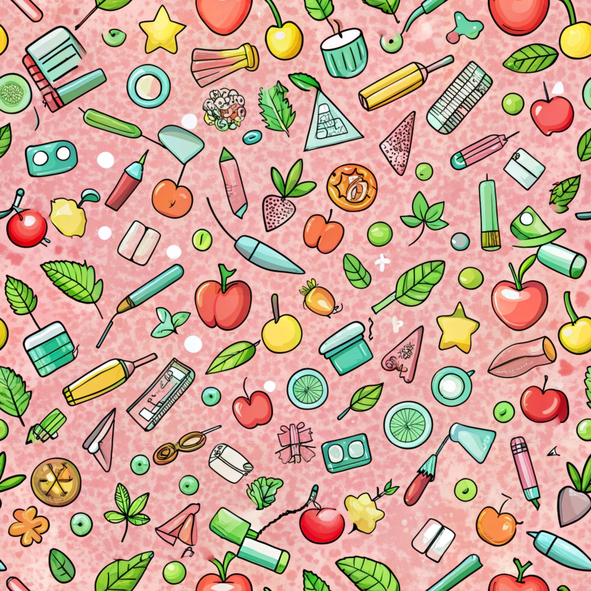 pink background, back to school, school supplies, apples, pencils, leaves, fruits, scattered pattern, quilting cotton, fabric panel, educational theme, colorful icons, polka dots, green foliage, red apples, yellow fruits, blue accessories, whimsical illustrations, autumn colors, teacher fabric