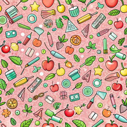 pink background, back to school, school supplies, apples, pencils, leaves, fruits, scattered pattern, quilting cotton, fabric panel, educational theme, colorful icons, polka dots, green foliage, red apples, yellow fruits, blue accessories, whimsical illustrations, autumn colors, teacher fabric