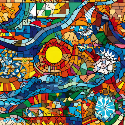 mosaic art, stained glass, vibrant colors, yellow sun, blue swirls, red geometric, orange patterns, green segments, purple accents, rainbow hues, circular motifs, abstract design, kaleidoscope effect, geometric shapes, quilting cotton, fabric panel, bright artwork, colorful mosaic, artistic pattern, contemporary style