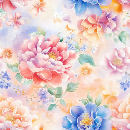 japanese floral, watercolor style, pink peonies, blue flowers, coral blooms, soft pastels, botanical design, delicate petals, green leaves, dreamy aesthetic, quilting cotton, fabric panel, spring florals, romantic mood, ethereal background, peachy tones, lavender hues, nature motifs, artistic florals, feminine design