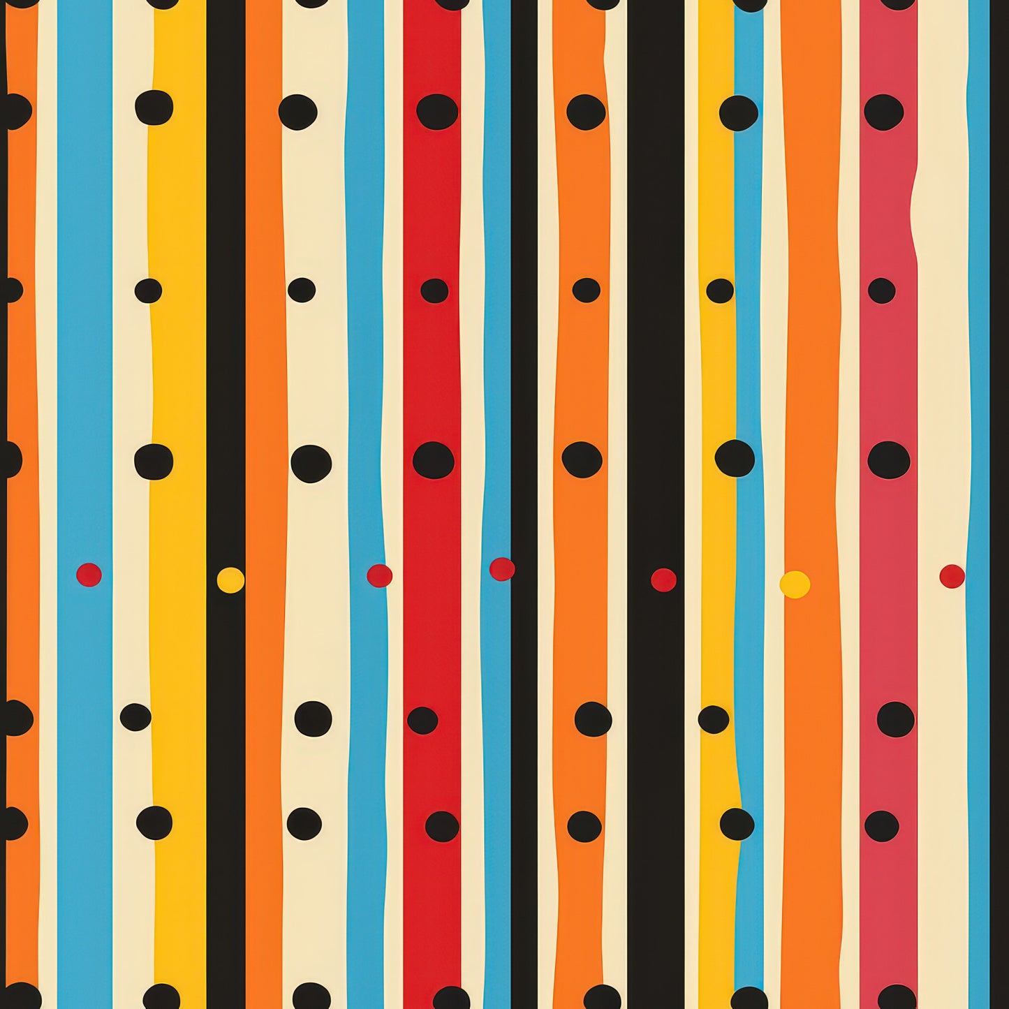 orange, blue, yellow, red, black, cream, vertical stripes, polka dots, geometric pattern, colorful design, quilting cotton, fabric panel, modern style, vibrant colors, retro aesthetic, playful pattern, craft fabric, sewing material, bright stripes, scattered dots