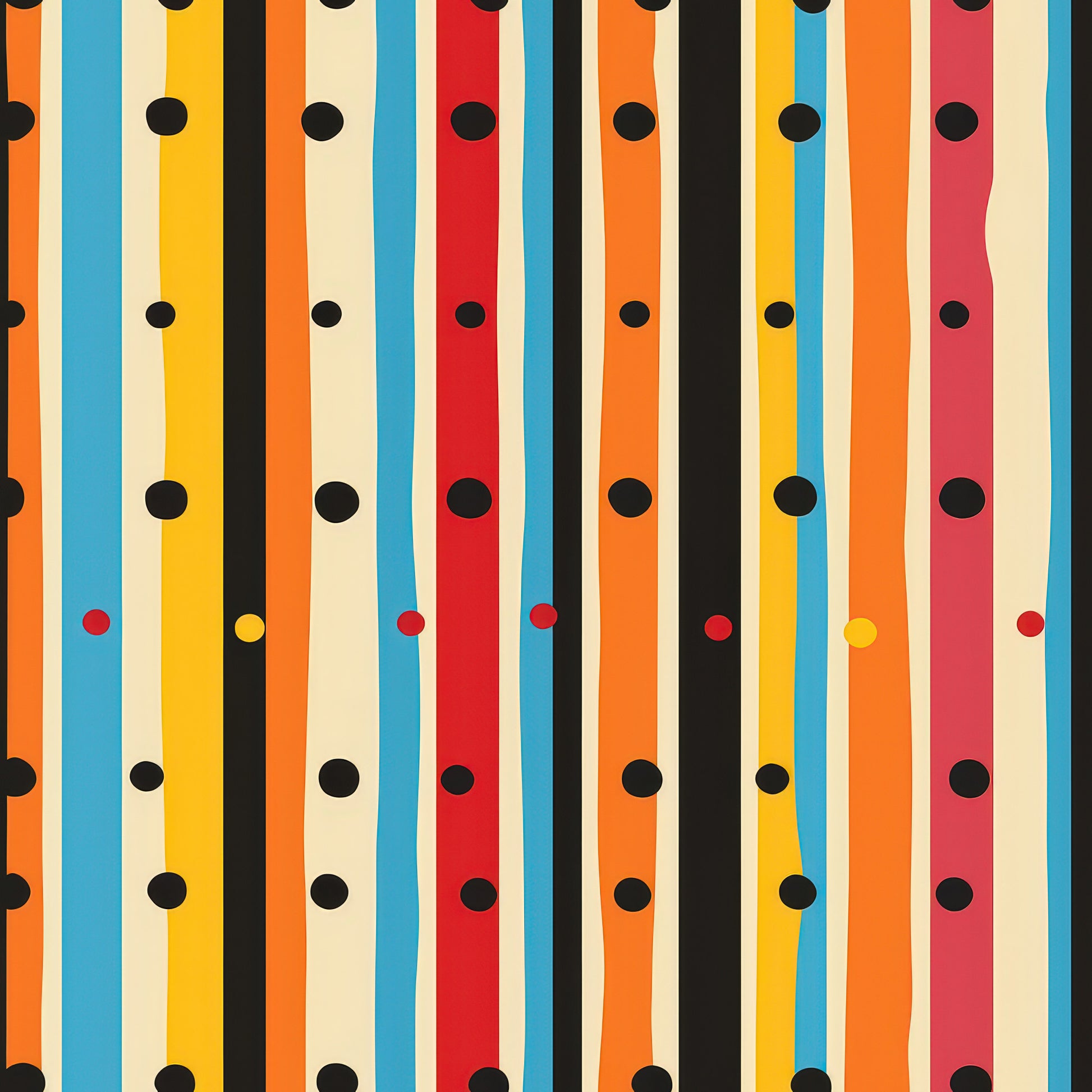 orange, blue, yellow, red, black, cream, vertical stripes, polka dots, geometric pattern, colorful design, quilting cotton, fabric panel, modern style, vibrant colors, retro aesthetic, playful pattern, craft fabric, sewing material, bright stripes, scattered dots