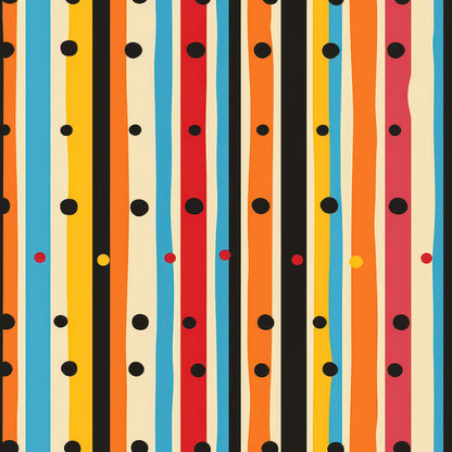 orange, blue, yellow, red, black, cream, vertical stripes, polka dots, geometric pattern, colorful design, quilting cotton, fabric panel, modern style, vibrant colors, retro aesthetic, playful pattern, craft fabric, sewing material, bright stripes, scattered dots