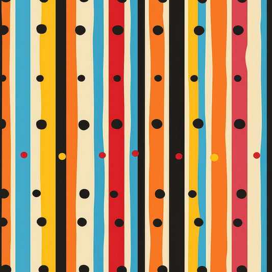 orange, blue, yellow, red, black, cream, vertical stripes, polka dots, geometric pattern, colorful design, quilting cotton, fabric panel, modern style, vibrant colors, retro aesthetic, playful pattern, craft fabric, sewing material, bright stripes, scattered dots