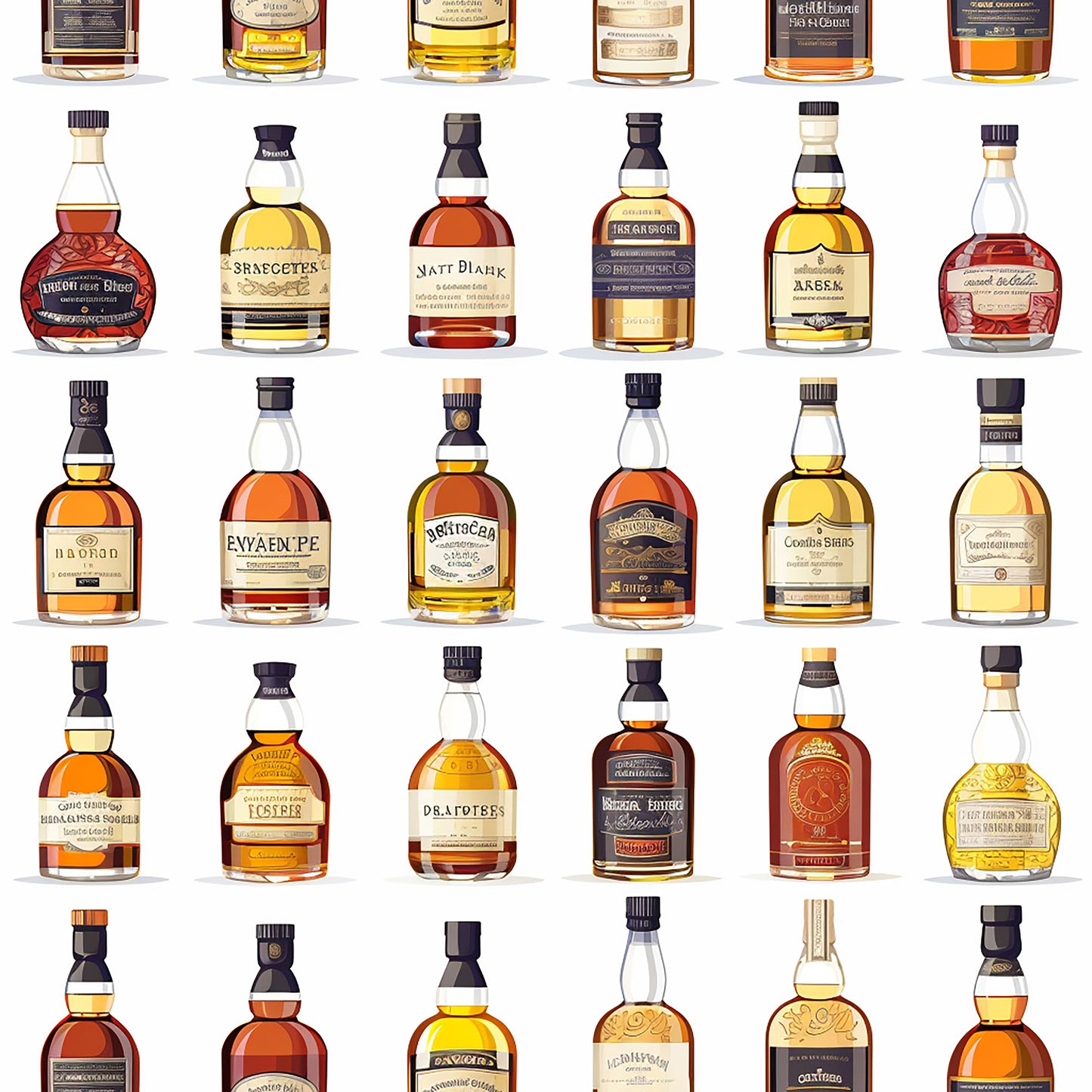 amber, golden, brown, copper, whiskey bottles, alcohol pattern, scottish theme, glass bottles, liquid amber, bottle collection, quilting cotton, fabric panel, realistic illustration, beverage motif, distillery theme, warm tones, bottle labels, spirits pattern, celtic inspired, masculine design