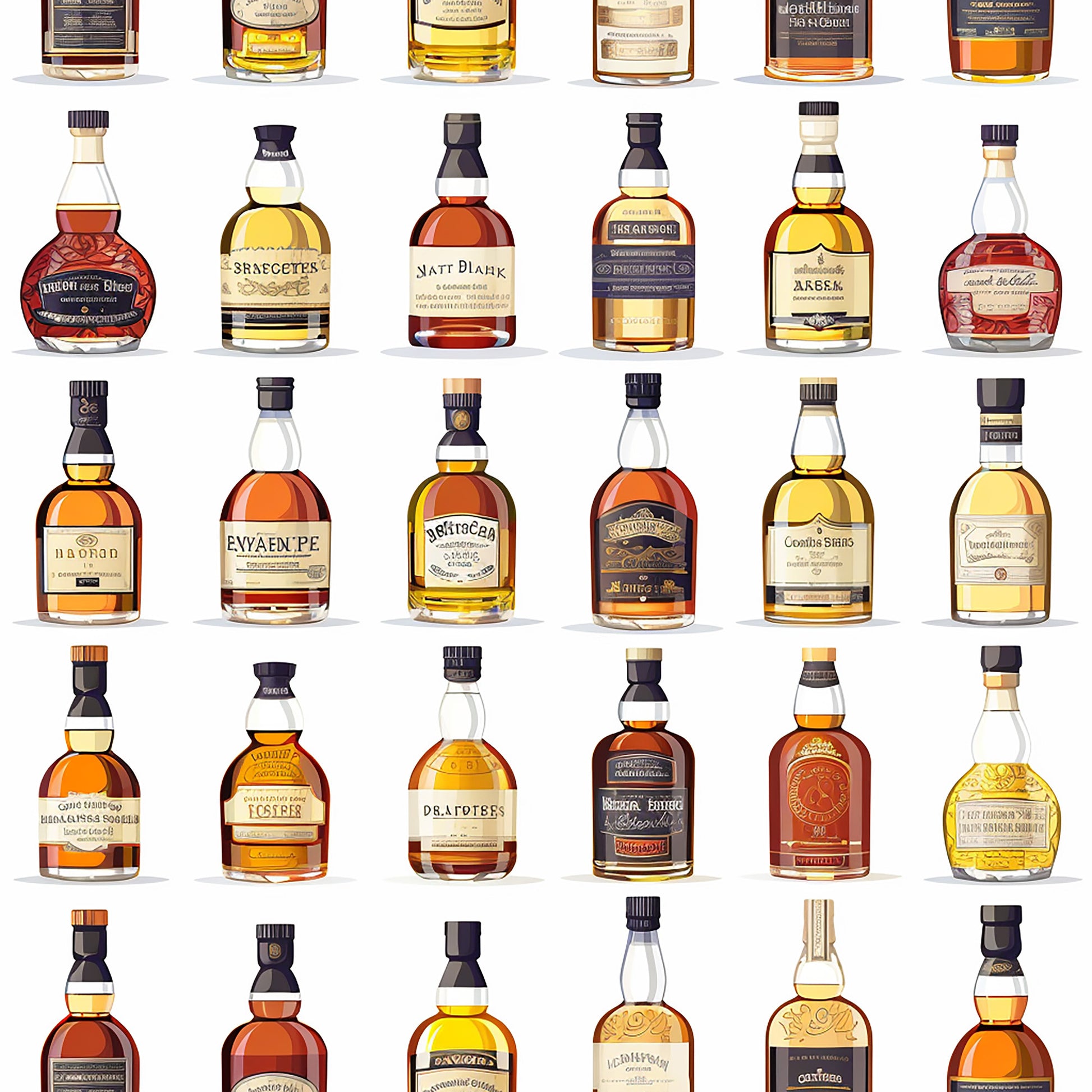 amber, golden, brown, copper, whiskey bottles, alcohol pattern, scottish theme, glass bottles, liquid amber, bottle collection, quilting cotton, fabric panel, realistic illustration, beverage motif, distillery theme, warm tones, bottle labels, spirits pattern, celtic inspired, masculine design