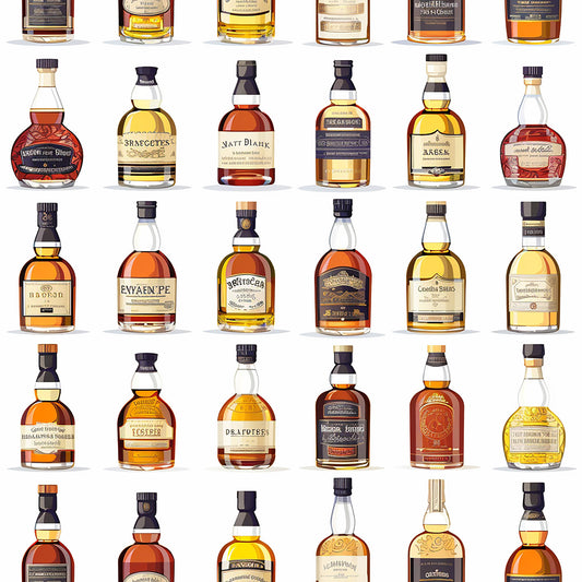 amber, golden, brown, copper, whiskey bottles, alcohol pattern, scottish theme, glass bottles, liquid amber, bottle collection, quilting cotton, fabric panel, realistic illustration, beverage motif, distillery theme, warm tones, bottle labels, spirits pattern, celtic inspired, masculine design