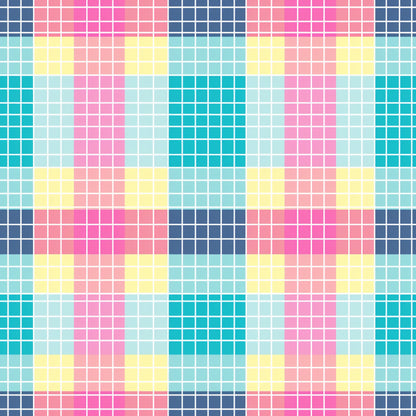 neon gingham, bright pink, electric blue, yellow accents, coral pink, turquoise, mint green, checkered pattern, grid design, geometric squares, vibrant colors, modern gingham, quilting cotton, fabric panel, contemporary pattern, eye-catching, colorful blocks, square motifs