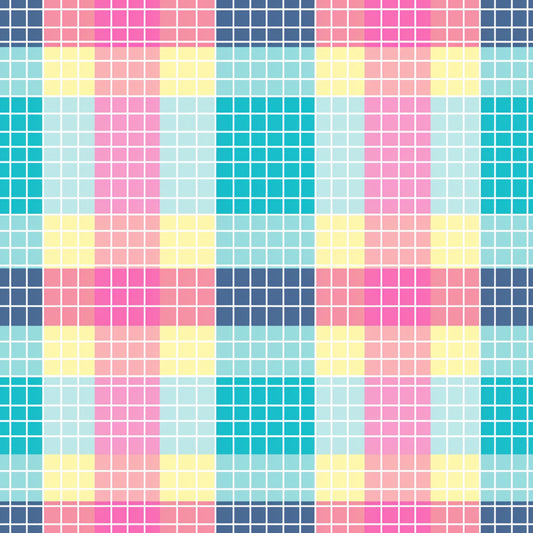 neon gingham, bright pink, electric blue, yellow accents, coral pink, turquoise, mint green, checkered pattern, grid design, geometric squares, vibrant colors, modern gingham, quilting cotton, fabric panel, contemporary pattern, eye-catching, colorful blocks, square motifs