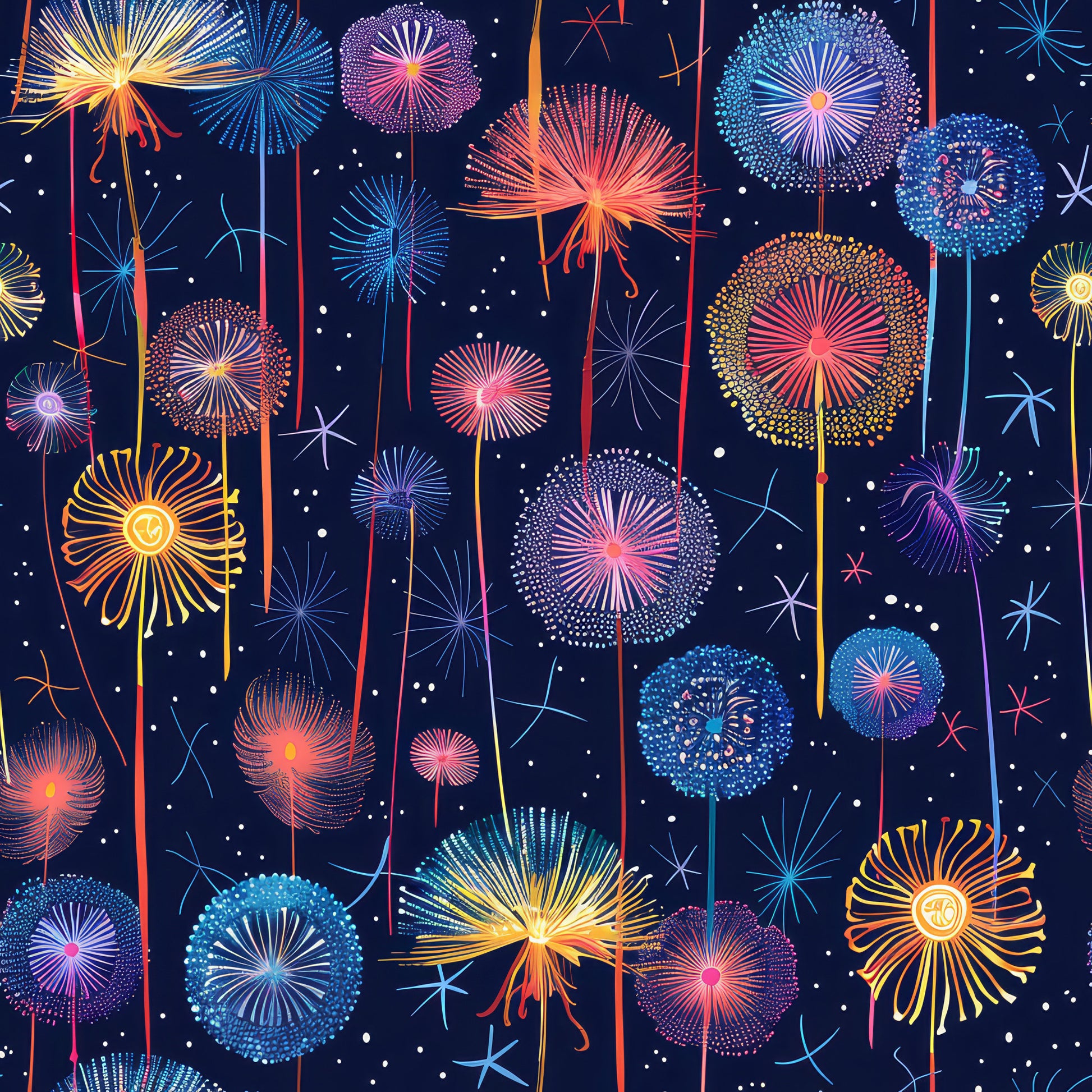 midnight blue, navy background, fireworks display, dandelion seeds, starburst patterns, golden yellow, coral pink, turquoise blue, purple accents, white sparkles, radial designs, celebration theme, quilting cotton, fabric panel, night sky, festive patterns, geometric bursts, multicolored explosions, cotton fabric, whimsical design