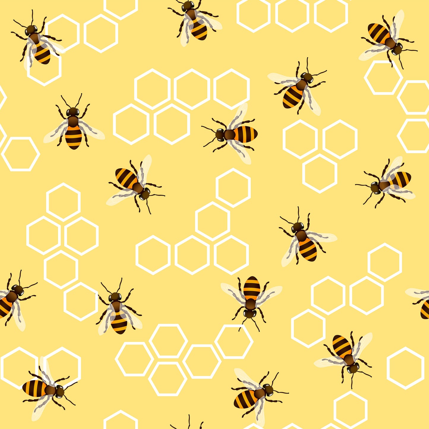 golden yellow, honey bees, hexagon honeycomb, white outlines, striped wings, bee pattern, quilting cotton, fabric panel, vintage style, nature theme, insect design, geometric hexagons, yellow background, brown bee bodies, scattered pattern, beehive motifs, summer theme, pollinator design