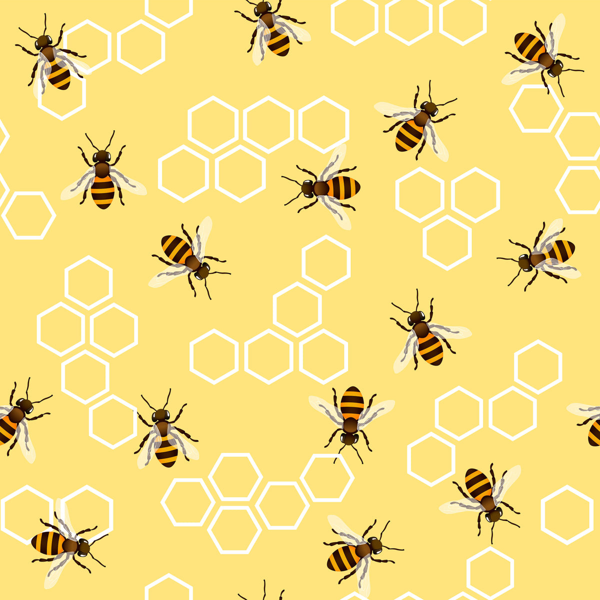 golden yellow, honey bees, hexagon honeycomb, white outlines, striped wings, bee pattern, quilting cotton, fabric panel, vintage style, nature theme, insect design, geometric hexagons, yellow background, brown bee bodies, scattered pattern, beehive motifs, summer theme, pollinator design