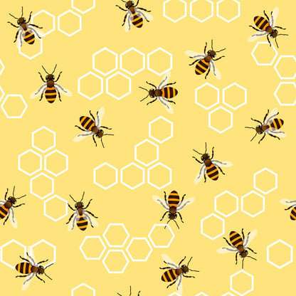 golden yellow, honey bees, hexagon honeycomb, white outlines, striped wings, bee pattern, quilting cotton, fabric panel, vintage style, nature theme, insect design, geometric hexagons, yellow background, brown bee bodies, scattered pattern, beehive motifs, summer theme, pollinator design