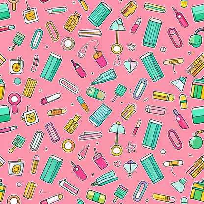 pink background, school supplies, office supplies, scattered pattern, teal accents, yellow highlights, green elements, white details, stationery items, pencils, notebooks, erasers, paper clips, magnifying glass, desk lamp, rulers, geometric shapes, playful illustration, back to school, quilting cotton, fabric panel, educational theme, colorful cartoon style