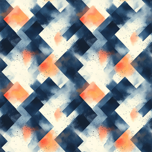 navy blue, coral orange, cream white, geometric squares, overlapping shapes, mid century modern, abstract pattern, watercolor texture, speckled dots, diagonal arrangement, contemporary design, quilting cotton, fabric panel, modern geometric, blue and orange, layered squares, artistic blocks, retro style, minimalist pattern