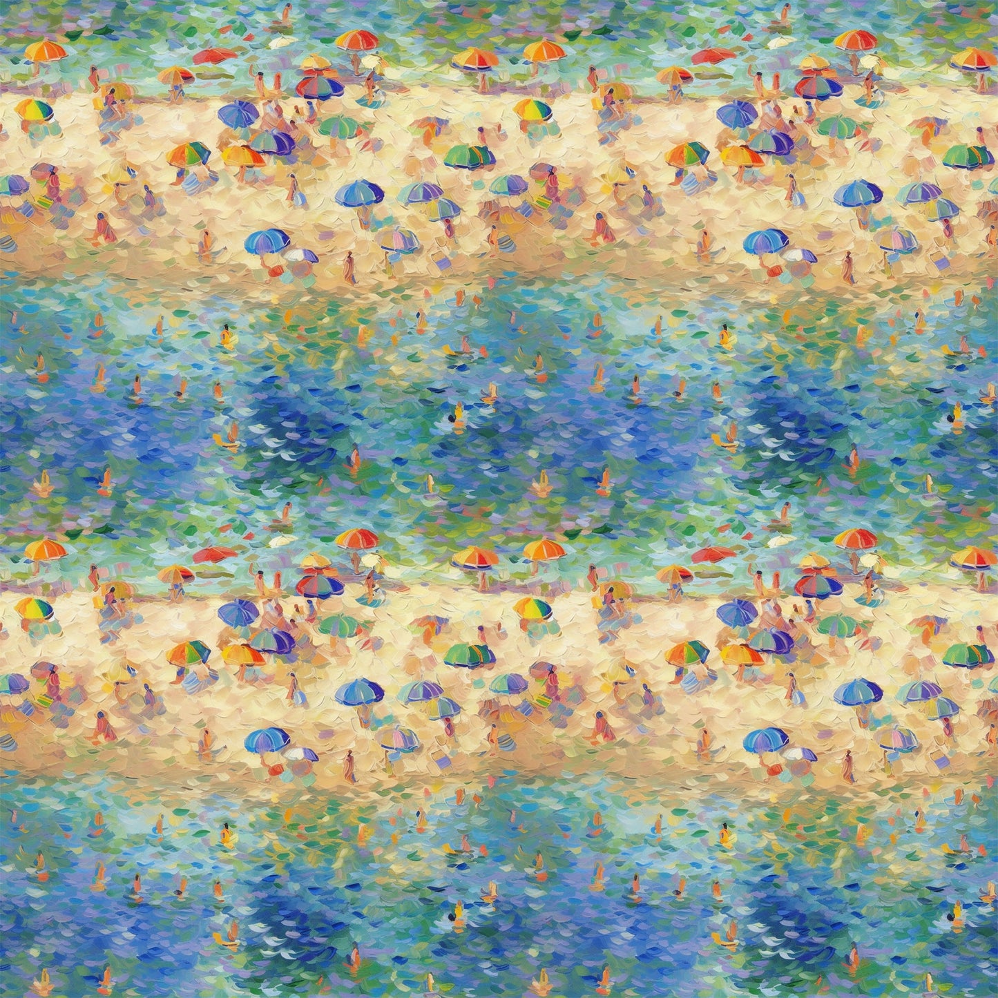 beach scene, impressionist style, colorful umbrellas, swimmers, ocean water, sandy beach, blue water, vibrant colors, summer vacation, seaside painting, quilting cotton, fabric panel, pointillism technique, beachgoers, parasols, turquoise, orange, purple, yellow, green, artistic pattern, water reflections