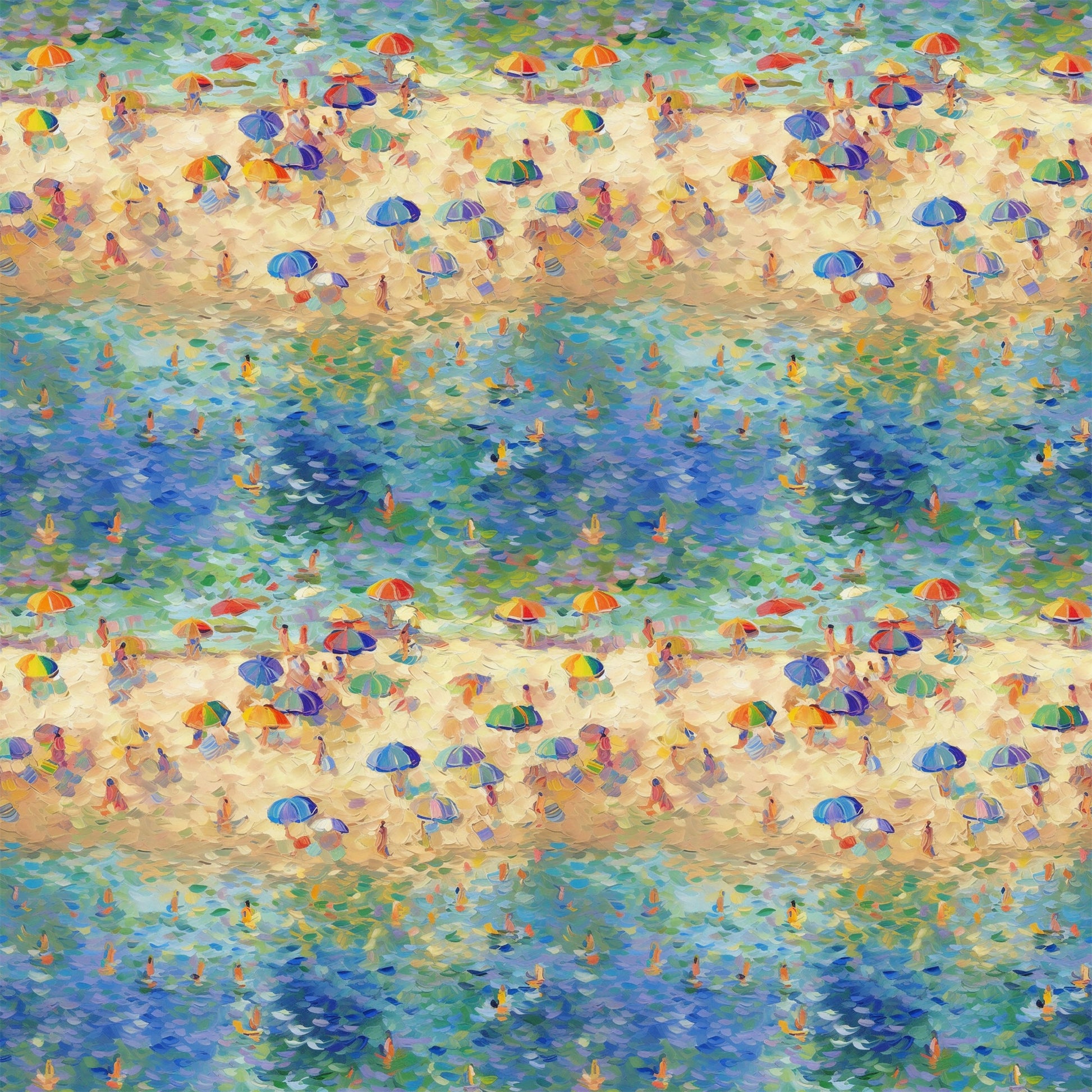 beach scene, impressionist style, colorful umbrellas, swimmers, ocean water, sandy beach, blue water, vibrant colors, summer vacation, seaside painting, quilting cotton, fabric panel, pointillism technique, beachgoers, parasols, turquoise, orange, purple, yellow, green, artistic pattern, water reflections
