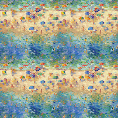 beach scene, impressionist style, colorful umbrellas, swimmers, ocean water, sandy beach, blue water, vibrant colors, summer vacation, seaside painting, quilting cotton, fabric panel, pointillism technique, beachgoers, parasols, turquoise, orange, purple, yellow, green, artistic pattern, water reflections