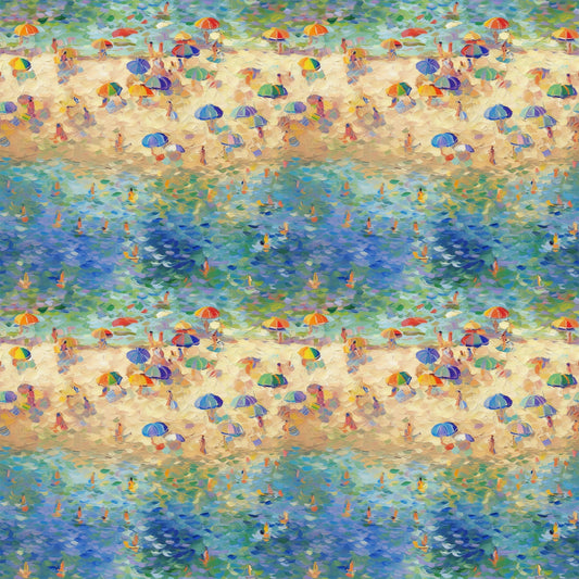 beach scene, impressionist style, colorful umbrellas, swimmers, ocean water, sandy beach, blue water, vibrant colors, summer vacation, seaside painting, quilting cotton, fabric panel, pointillism technique, beachgoers, parasols, turquoise, orange, purple, yellow, green, artistic pattern, water reflections