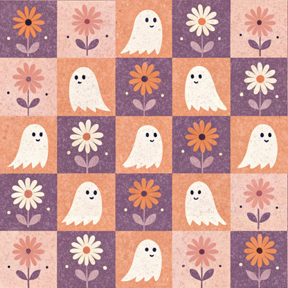 retro halloween, quilting cotton, fabric panel, cute ghosts, daisy flowers, checkerboard pattern, purple background, coral orange, peach pink, cream white, kawaii style, friendly ghosts, floral motifs, alternating squares, whimsical design, autumn colors, halloween decor, vintage aesthetic, repeating pattern, crafting fabric