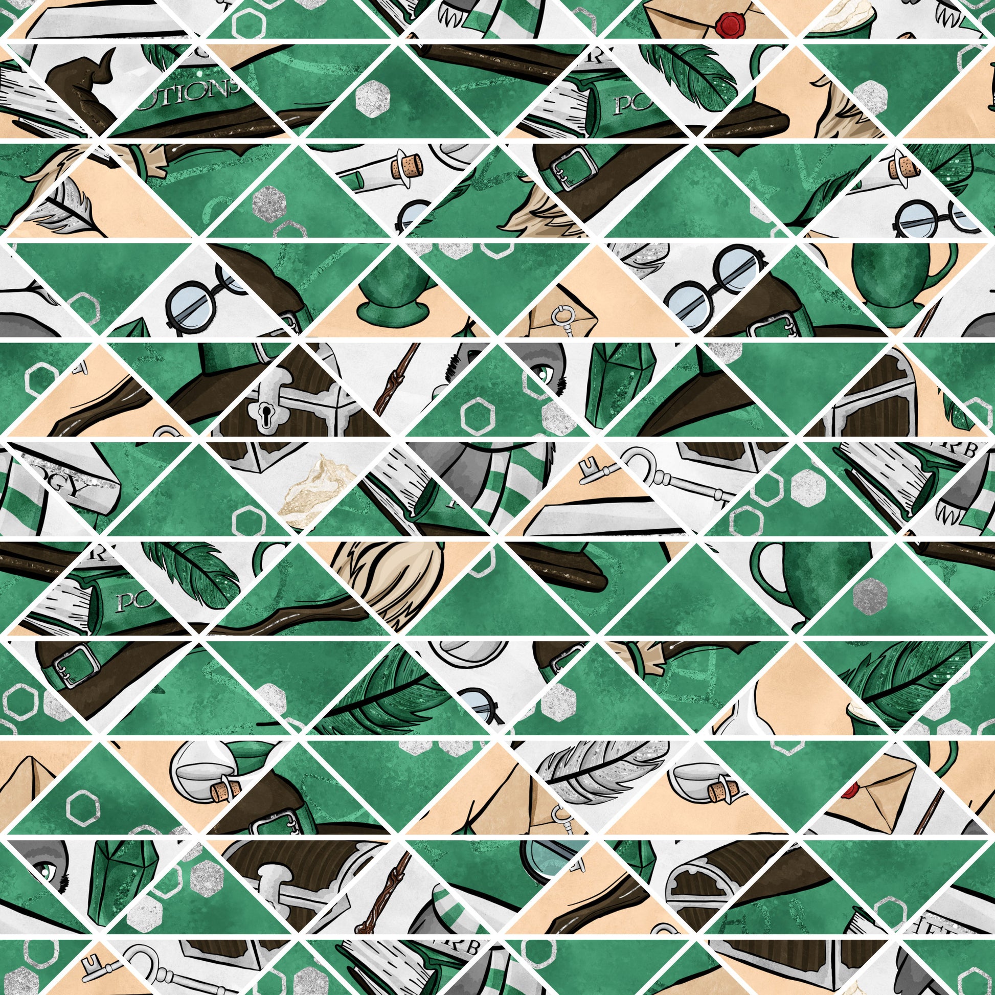 emerald green, forest green, beige, cream, white, diamond grid pattern, magical elements, wizard accessories, feathers, potions, spell books, mystical symbols, hexagons, geometric shapes, fantasy theme, quilting cotton, fabric panel, whimsical illustrations, scattered motifs, magical school