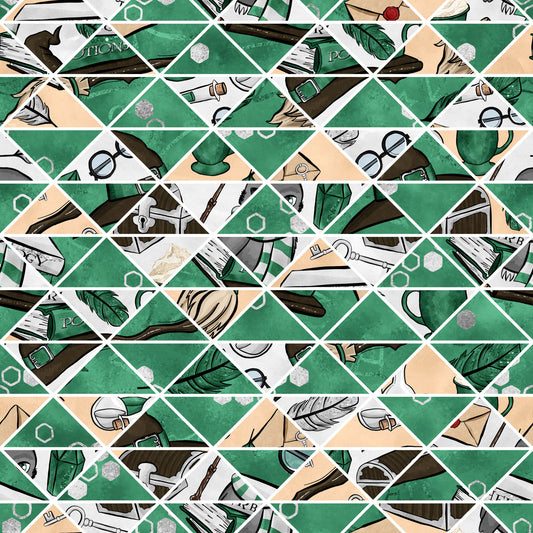 emerald green, forest green, beige, cream, white, diamond grid pattern, magical elements, wizard accessories, feathers, potions, spell books, mystical symbols, hexagons, geometric shapes, fantasy theme, quilting cotton, fabric panel, whimsical illustrations, scattered motifs, magical school