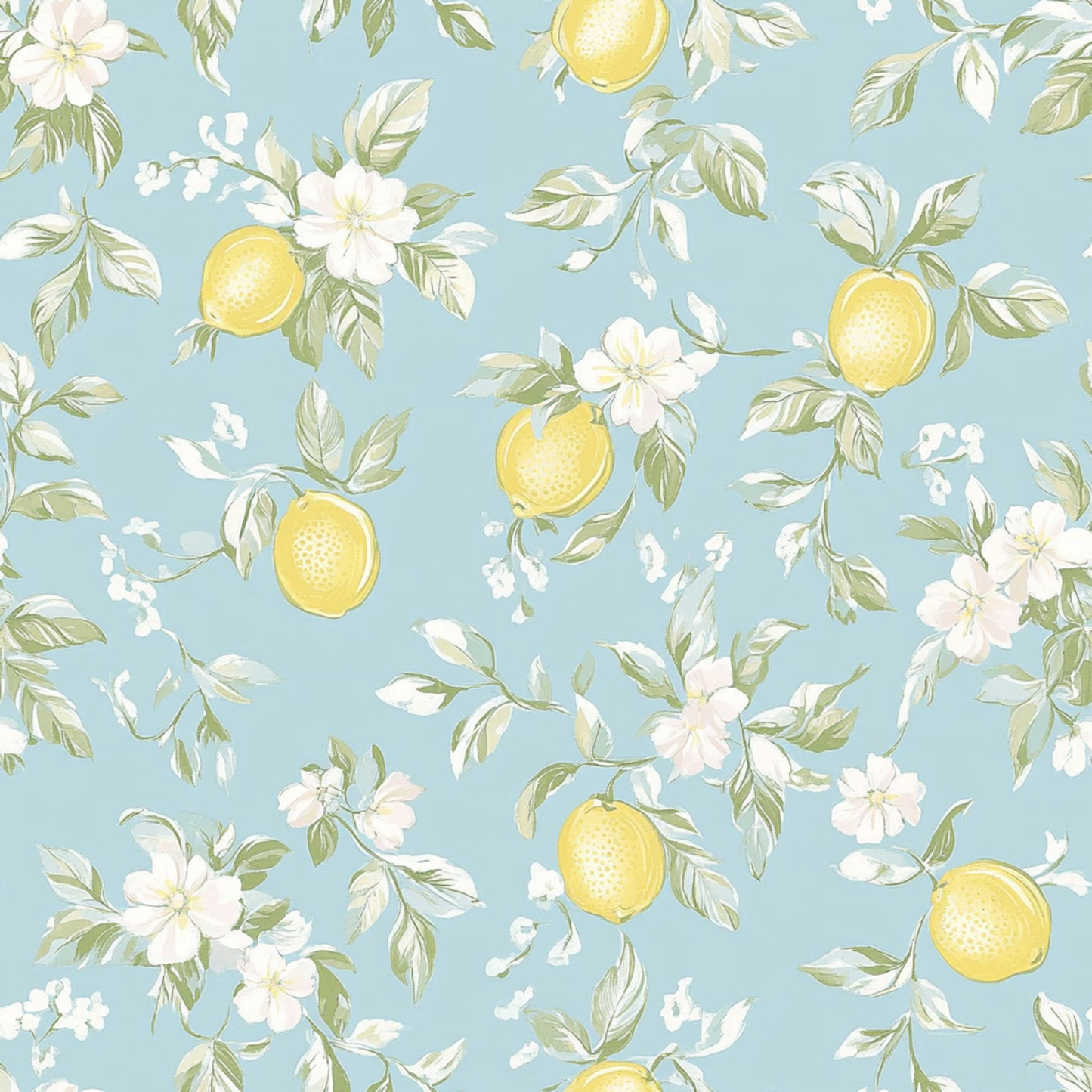 lemon yellow, soft blue, pale pink, white blossoms, citrus fruit, floral pattern, botanical design, shabby chic, vintage style, quilting cotton, fabric panel, spring motif, delicate flowers, pastel colors, romantic aesthetic, cottage core, feminine design, botanical illustration, repeating pattern, soft watercolor