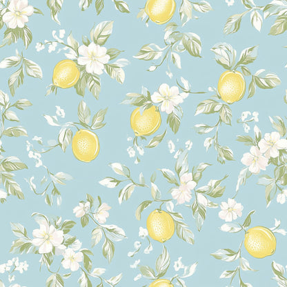 lemon yellow, soft blue, pale pink, white blossoms, citrus fruit, floral pattern, botanical design, shabby chic, vintage style, quilting cotton, fabric panel, spring motif, delicate flowers, pastel colors, romantic aesthetic, cottage core, feminine design, botanical illustration, repeating pattern, soft watercolor